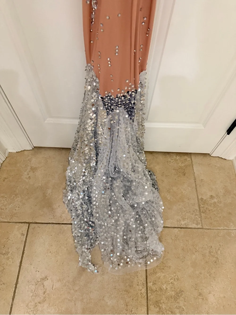 Nude & Silver Sequin Mermaid Prom Dress with Crystal Embellishment